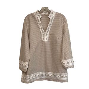 Preston & York 3/4 Sleeve Embellished Blouse V Neck Stand Up Collar Size XL